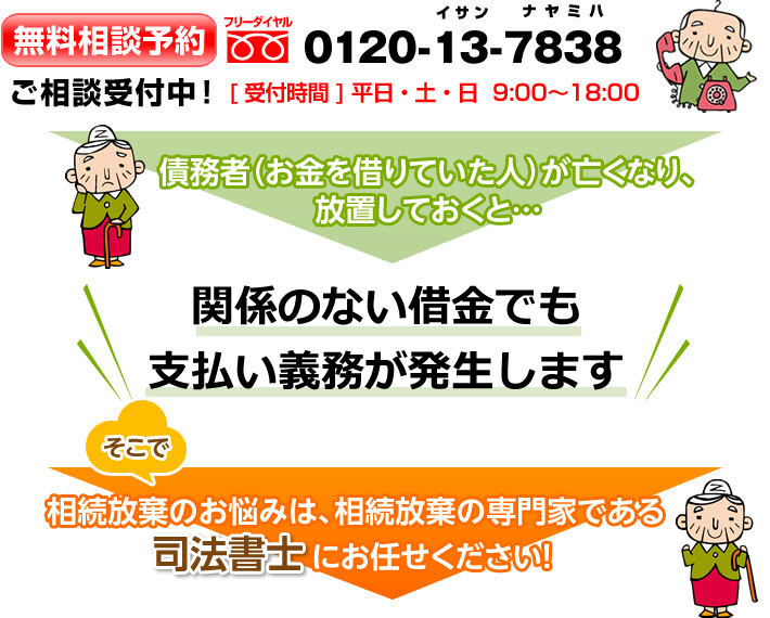 無料相談予約0120-13-7838ご相談受付中！〔受付時間〕平日・土・日9:00～18：00債務者（お金を借りていた人）が亡くなり、放置しておくと…関係のない借金でも支払い義務が発生します